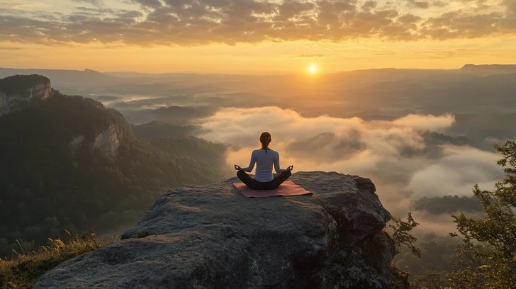 "Sunrise breaking through misty mountains symbolizing clarity after chaos"